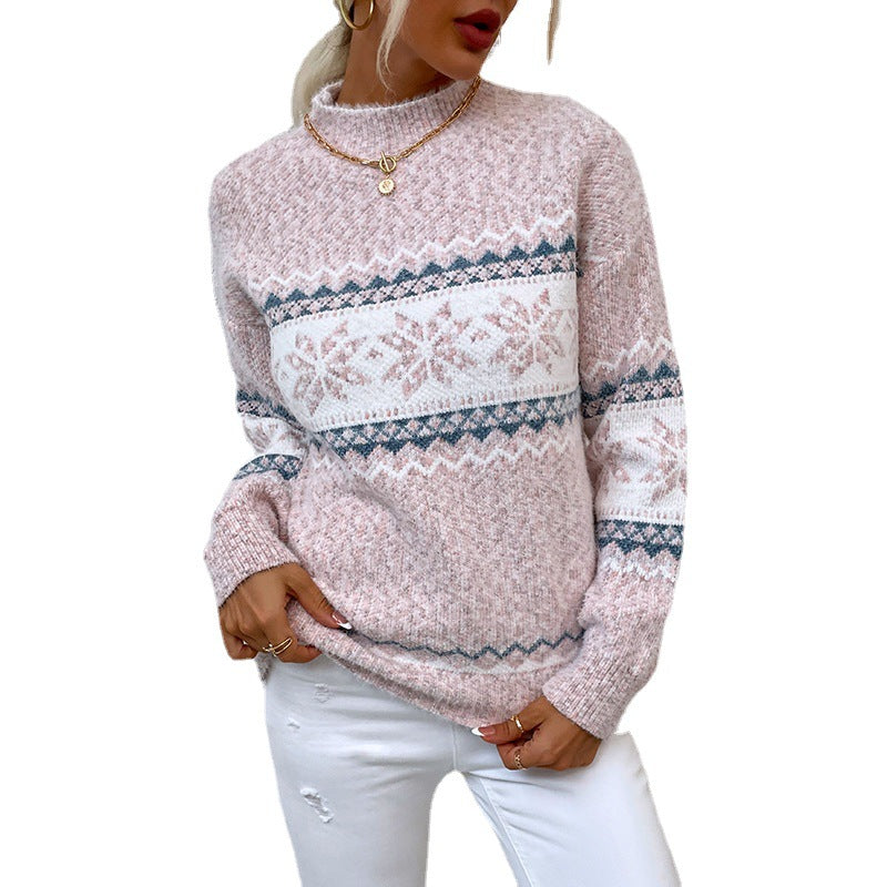 Winter Snowflake Sweater Fashion Half Turtleneck Pullover Knitted Tops Women's Christmas Clothing NorixaFashion.com