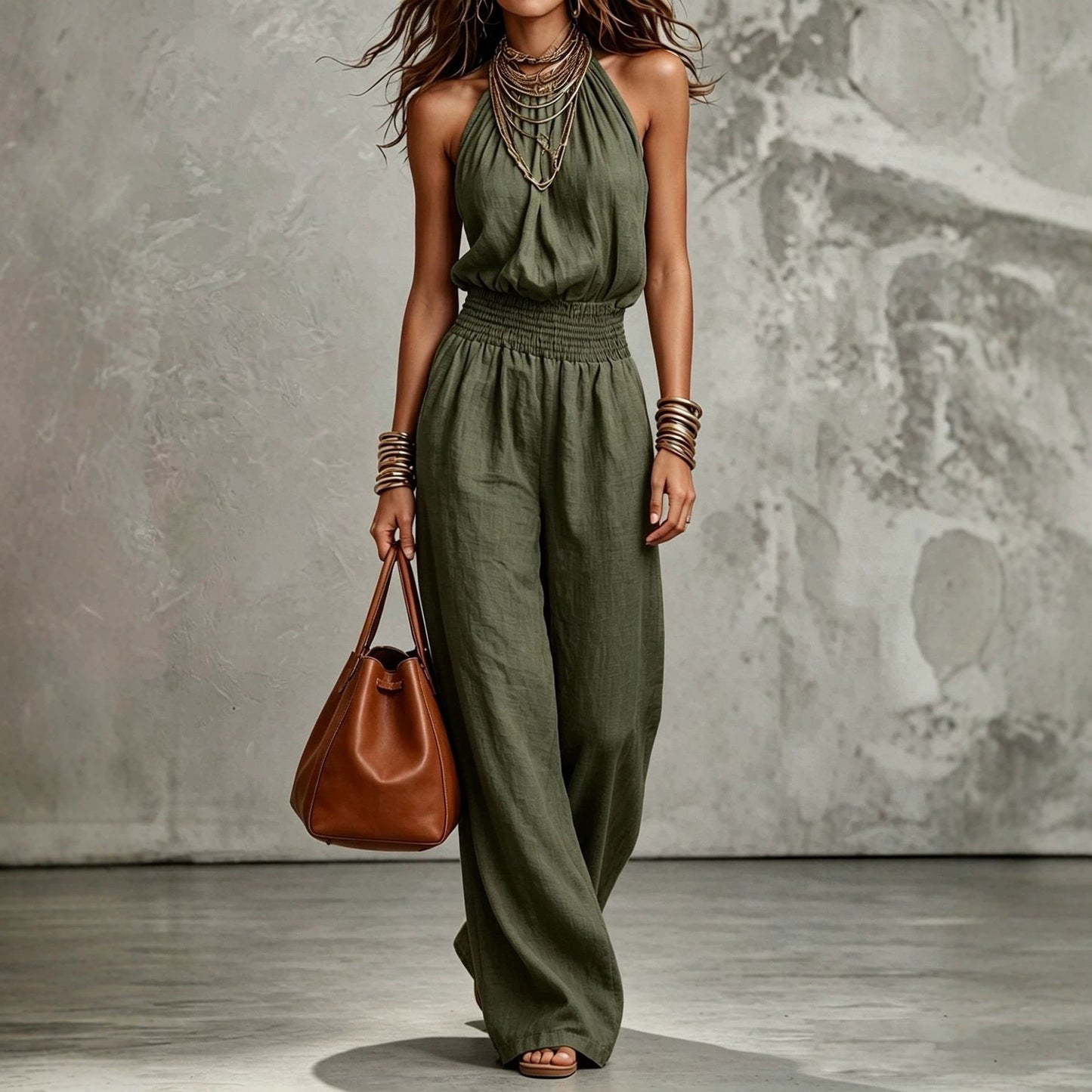 Womens Sleeveless Jumpsuit Backless Lace-up Halter Overall Pants Wide-leg Straight Onesie Trousers NorixaFashion.com
