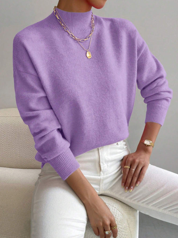 Autumn And Winter Half-high Collar Pullover Women's Fashion Solid Color Loose Knitted Top LadyShow.Store
