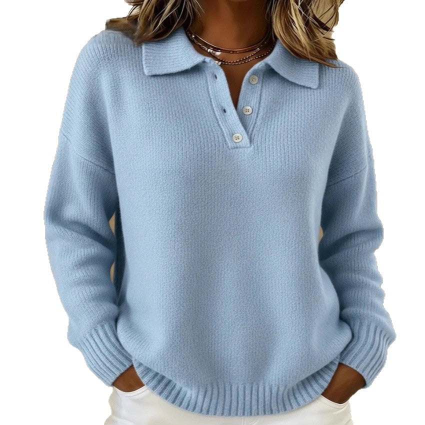 Loose And Soft Women's Lapel Long Sleeve Button Sweater LadyShow.Store