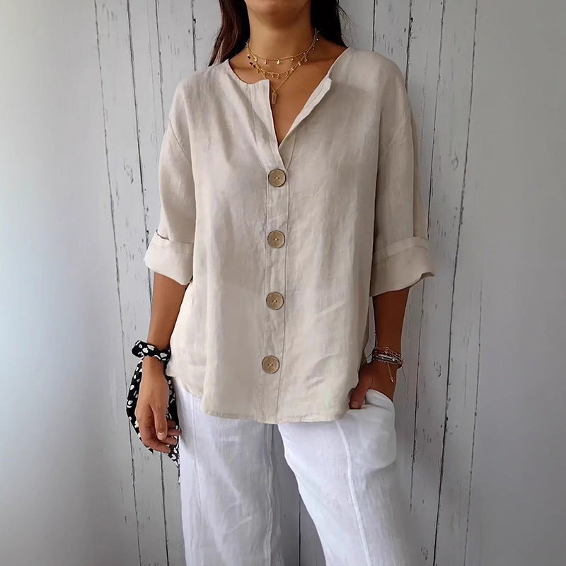 Loose-fit Women's V-neck Cotton-Linen Button T-shirt Top LadyShow.Store
