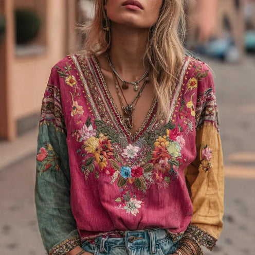 Women's Casual Vintage Bohemian V-neck Top With Ethnic-style Long Sleeves LadyShow.Store