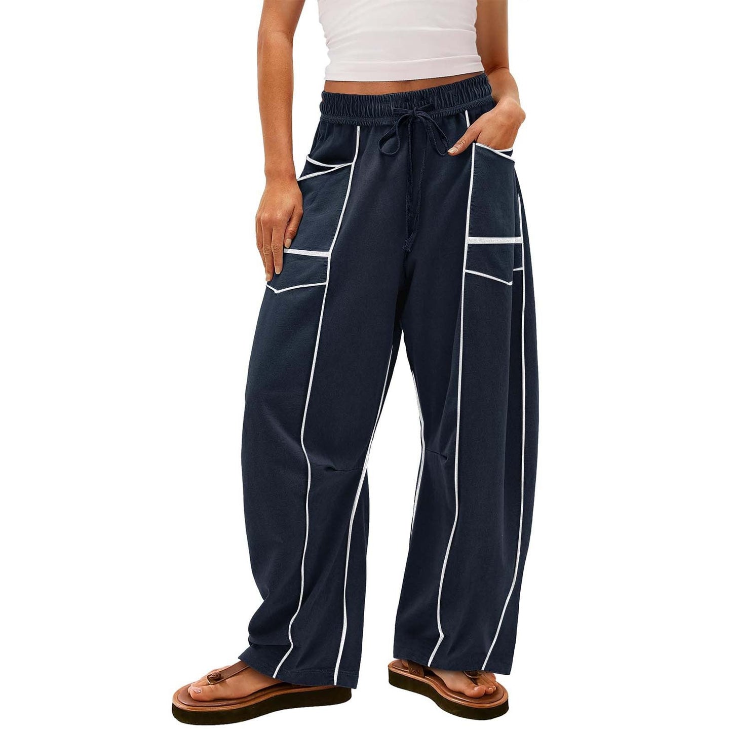 Y2K Black Striped Wide-leg Pants With Pockets Fashion Loose Drawstring Trousers Sports Sweatpants Women's Clothing LadyShow.Store