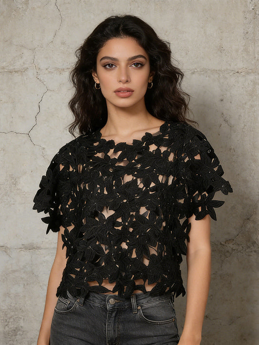 Black Floral Lace Cut-Out Short Sleeve Top NorixaFashion.com