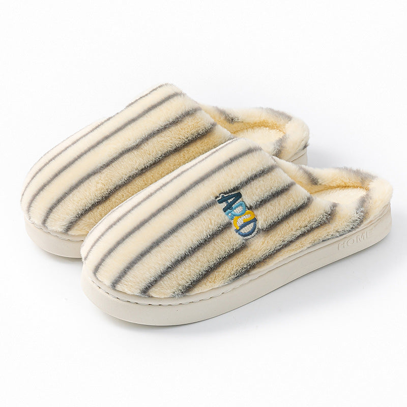 Ins Plush Striped Slippers Winter Warm Letter Embroidered Shoes Fashion Floor Bedroom Home Slipper For Women Men Couples CJD