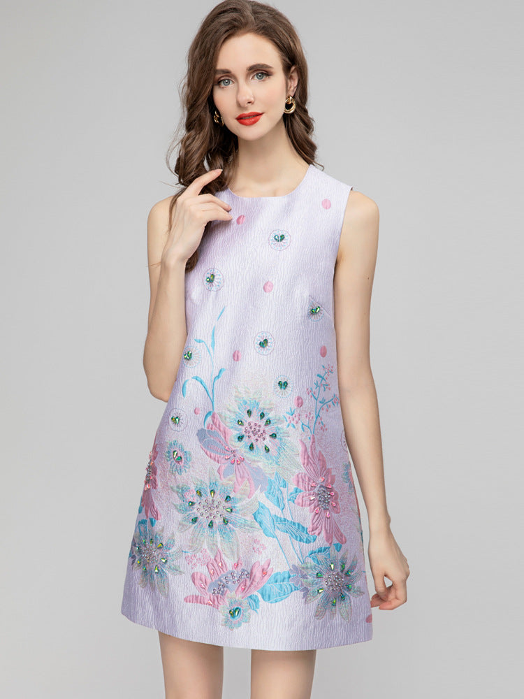 Printed Sleeveless Short Jacquard Dress Women NorixaFashion.com