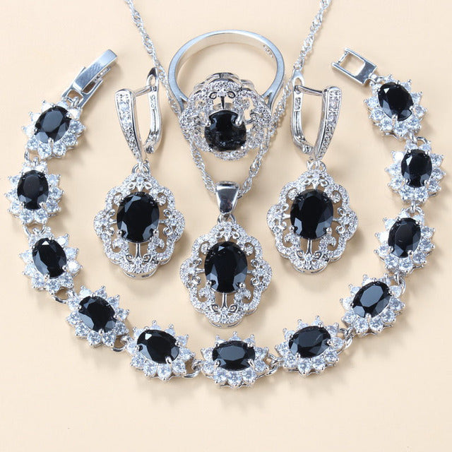Garnet Cubic Zirconia Earrings Pendant Necklace Bracelet Ring Gift 4 PCs Set LadyShow.Store