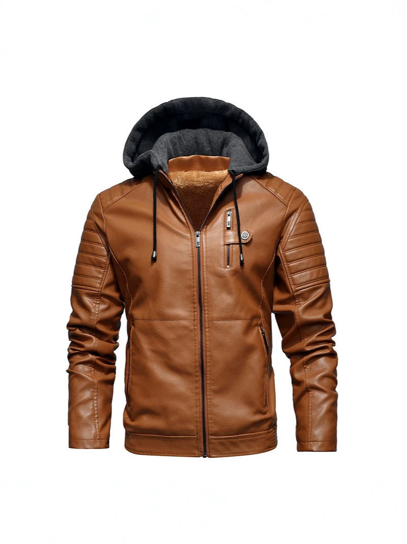 2026 Autumn And Winter New Men's Leather Jacket, Youth Men's Coat, Fleece-Lined Hooded Leather Jacket, Men's Jacket, Factory Ready Stock NorixaFashion.com