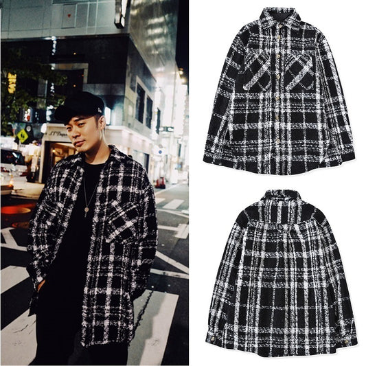 Black and White Plaid Knit Jacket for Couples Pi-Mart
