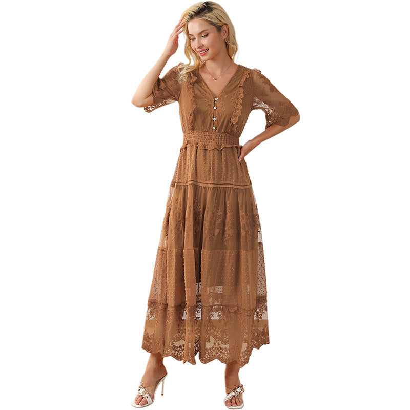 Lace V-neck Patchwork Dress Women NorixaFashion.com