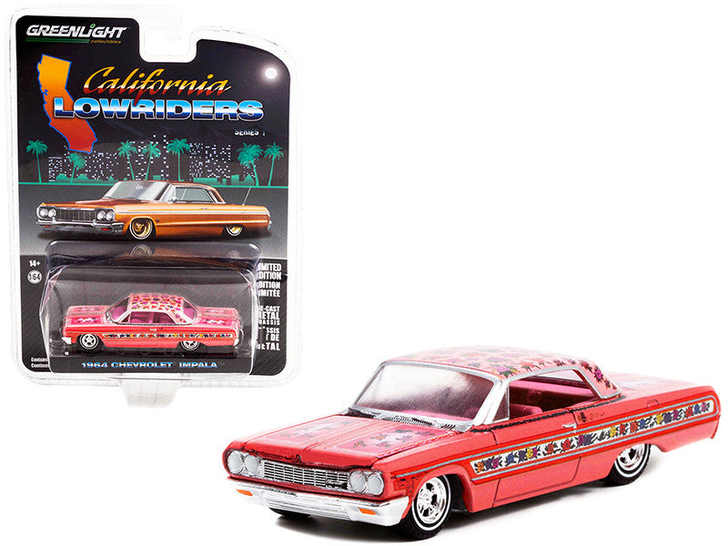 1964 Chevrolet Impala Lowrider Pink Metallic with Rose Graphics and Pink Interior "California Lowriders" Release 1 1/64 Diecast Model Car by Greenlight LuxuryLifeWay Online Store