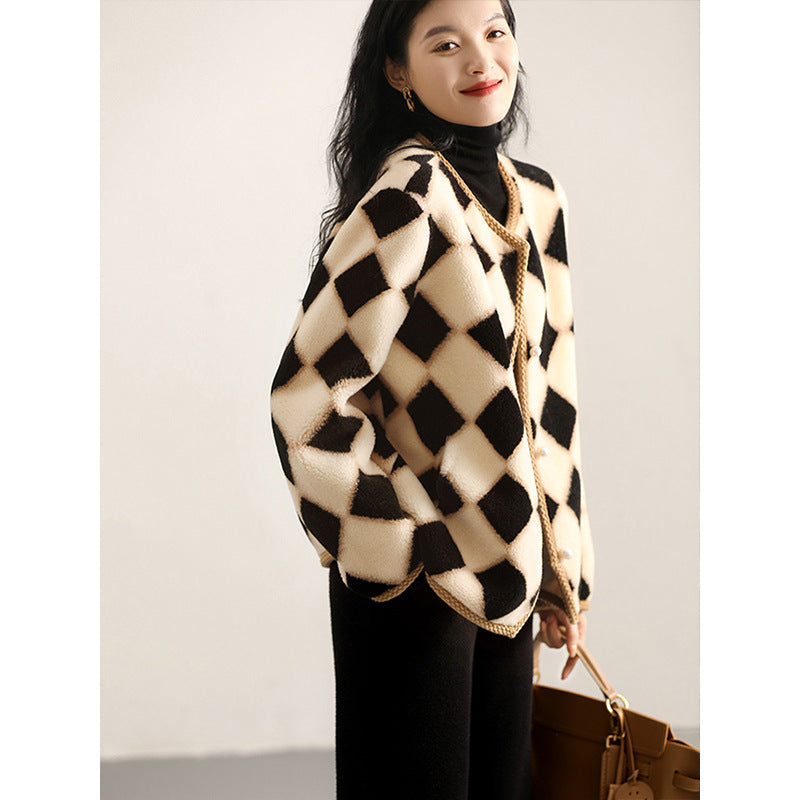 Chessboard Plaid Full Wool Sheepskin Fur Women's Winter Best YouTube Store