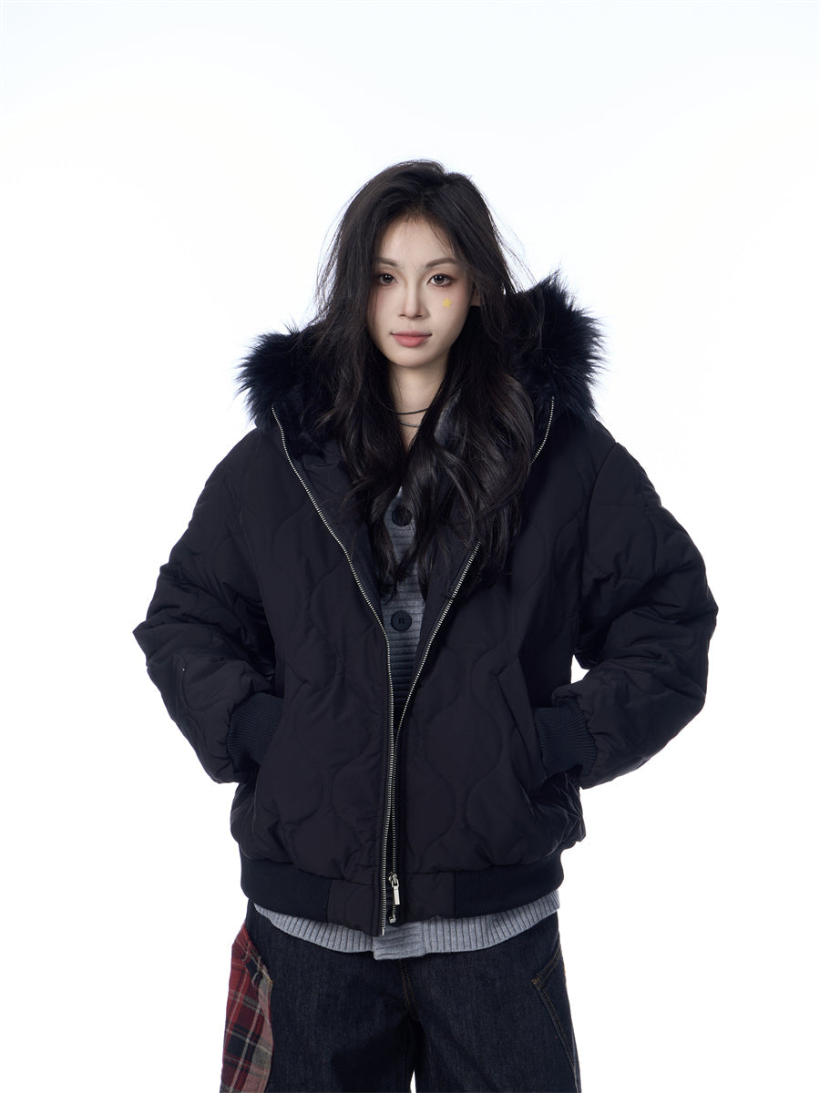 American Retro Rhombus Fur Collar Cotton Cardigan Hooded Cotton Jacket Best YouTube Store