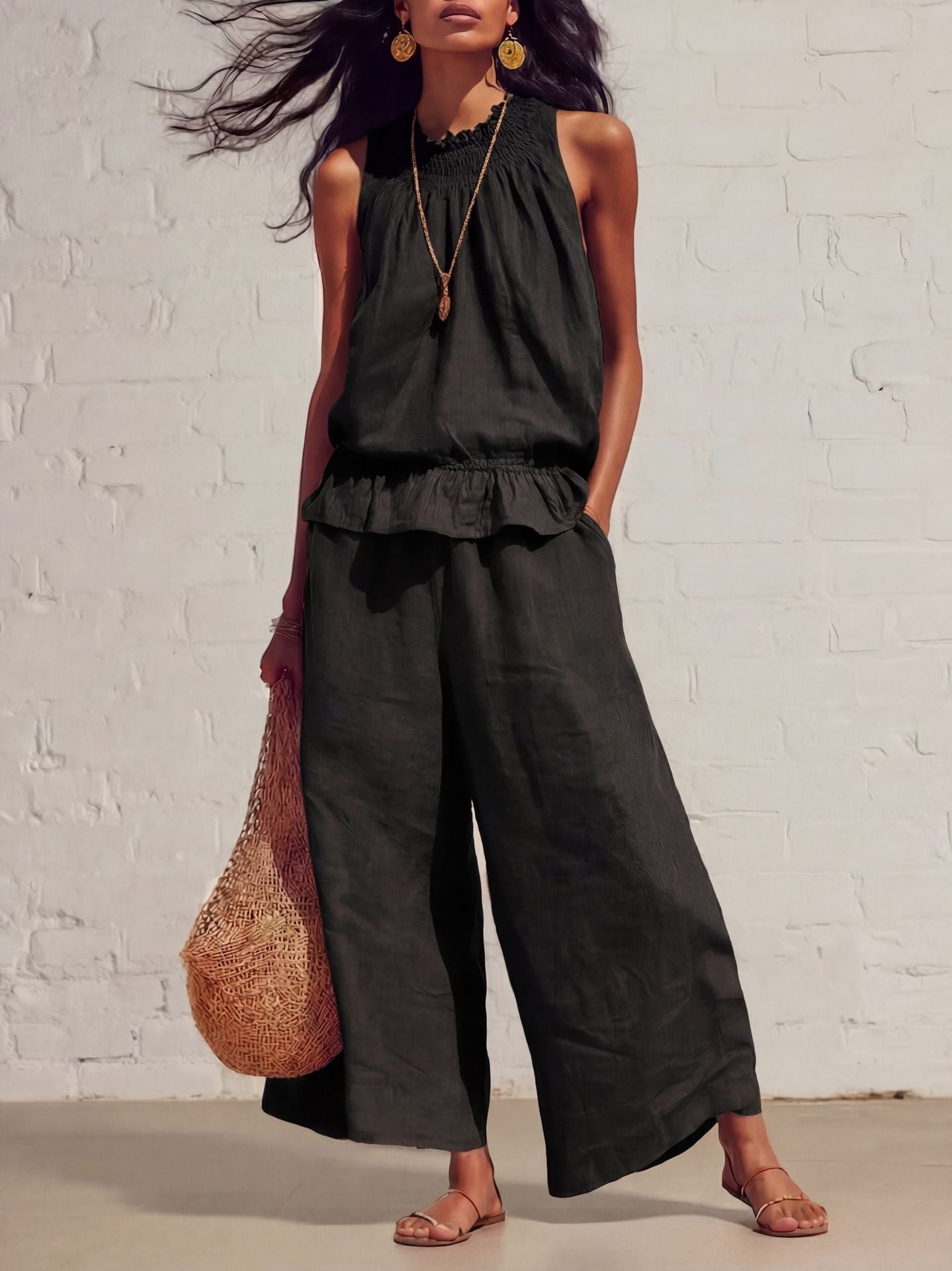 Summer Sleeveless Suit Fashion Ruffled Vest Top And Straight-leg Pants Women's Two-Piece Set NorixaFashion.com