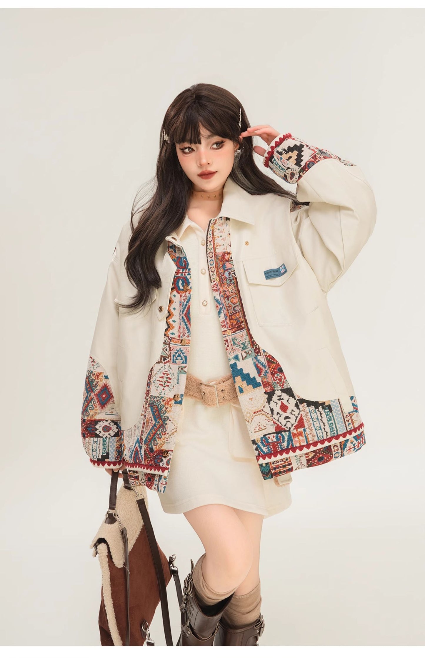 Jacquard Splicing Motorcycle PU Leather Jacket LadyShow.Store