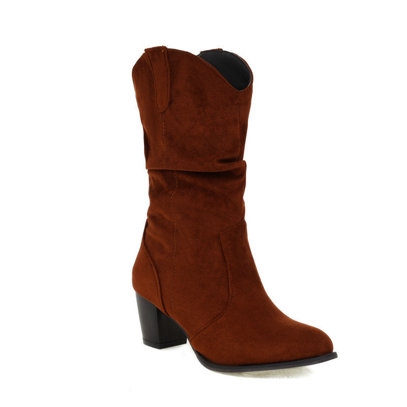 Chunky Heel High Heel Frosted Mid-calf Boots For Women LadyShow.Store