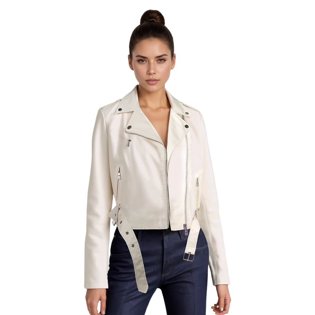 Lapel Short Belt Women's PU Simple Leather Jacket Motorcycle Jacket LadyShow.Store