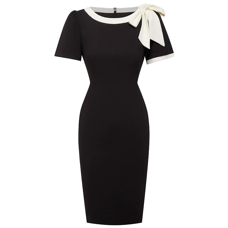 Women Crew Neck Short Sleeve Bow Color-Block Slim Fit Dress LadyShow.Store