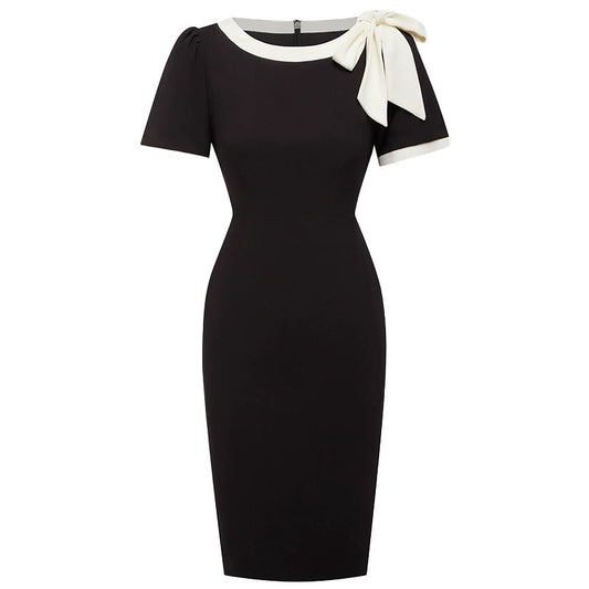 Women Crew Neck Short Sleeve Bow Color-Block Slim Fit Dress LadyShow.Store