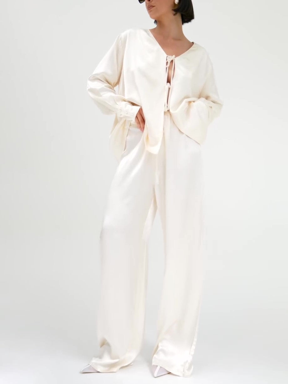 Cream Satin Tie-Front Top And Wide-Leg Pants Set NorixaFashion.com