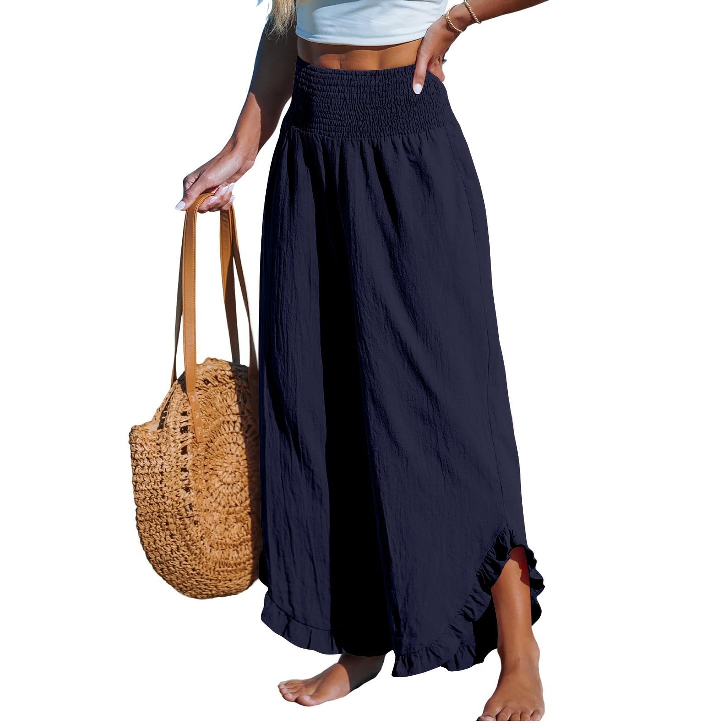 Pleated Asymmetrical Hem Cotton-linen Loose-fit Casual Pants NorixaFashion.com