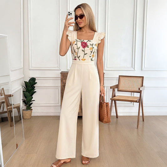 Floral Embroidered Ruffle Strap Wide Leg Jumpsuit NorixaFashion.com