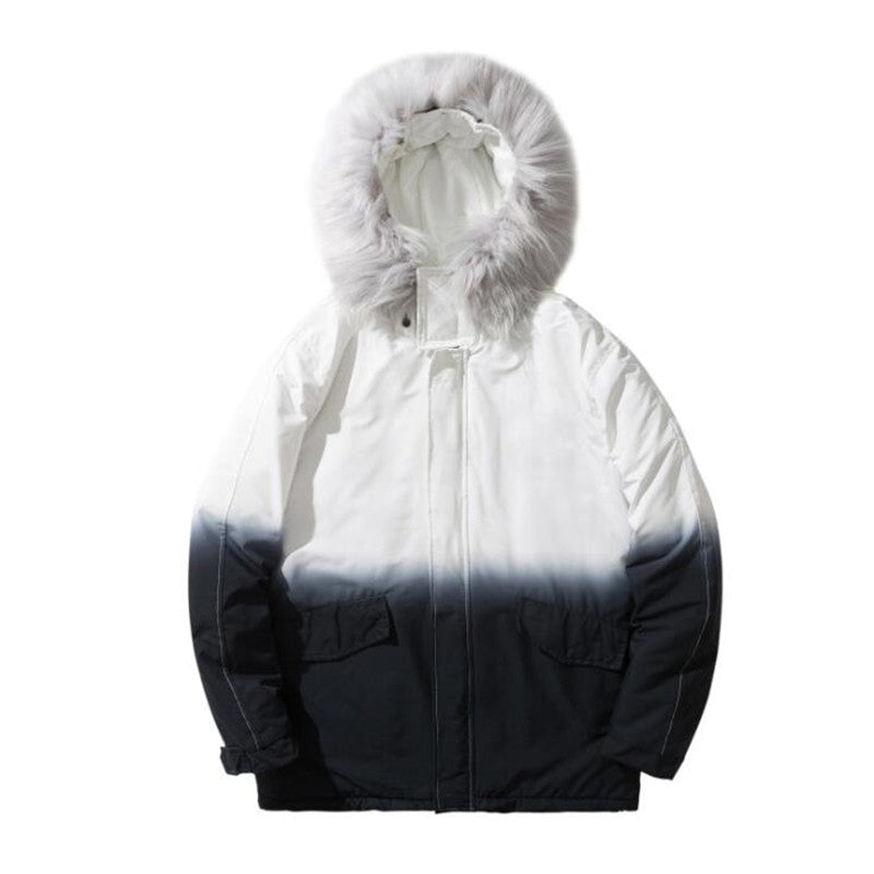 Trendy Thick Fur Collar Gradient Hooded Cotton Jacket Pi-Mart
