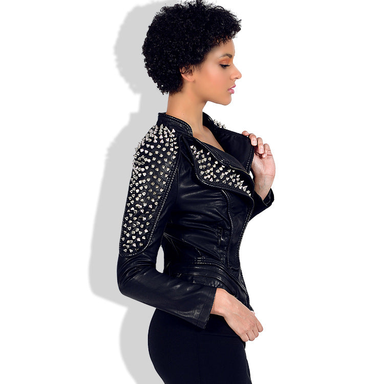 Women's Slim Fit Studded Moto Jacket with Lapels Pi-Mart