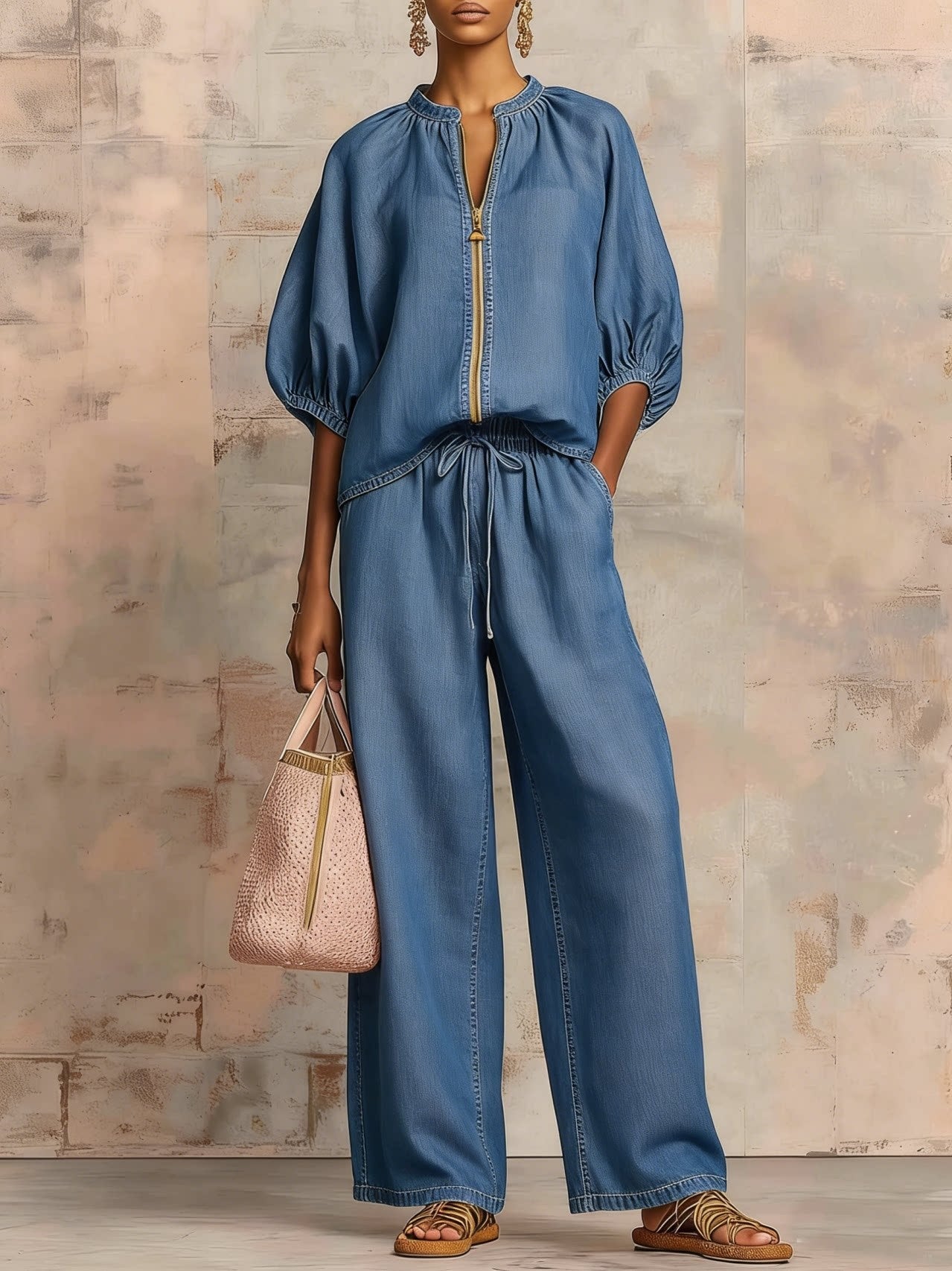 Solid-color Casual Loose-fitting Zip-up Sweatshirt And Straight-leg Pants Set NorixaFashion.com