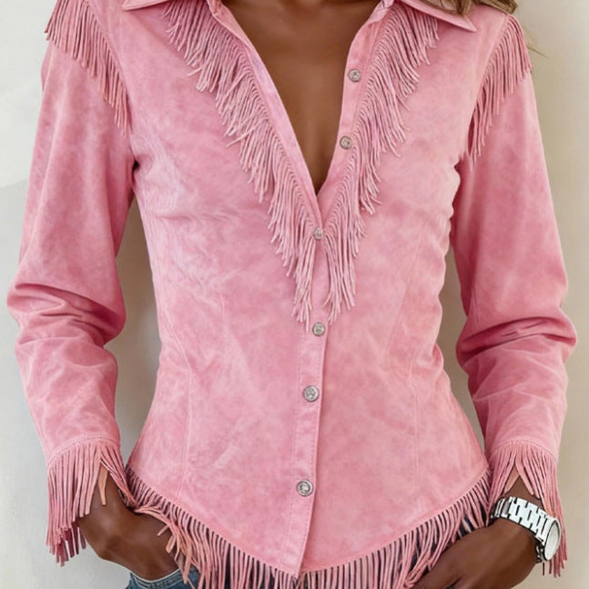 Western Cowboy-Style Suede Fringe Slim-Fit Long-Sleeve Shirt NorixaFashion.com