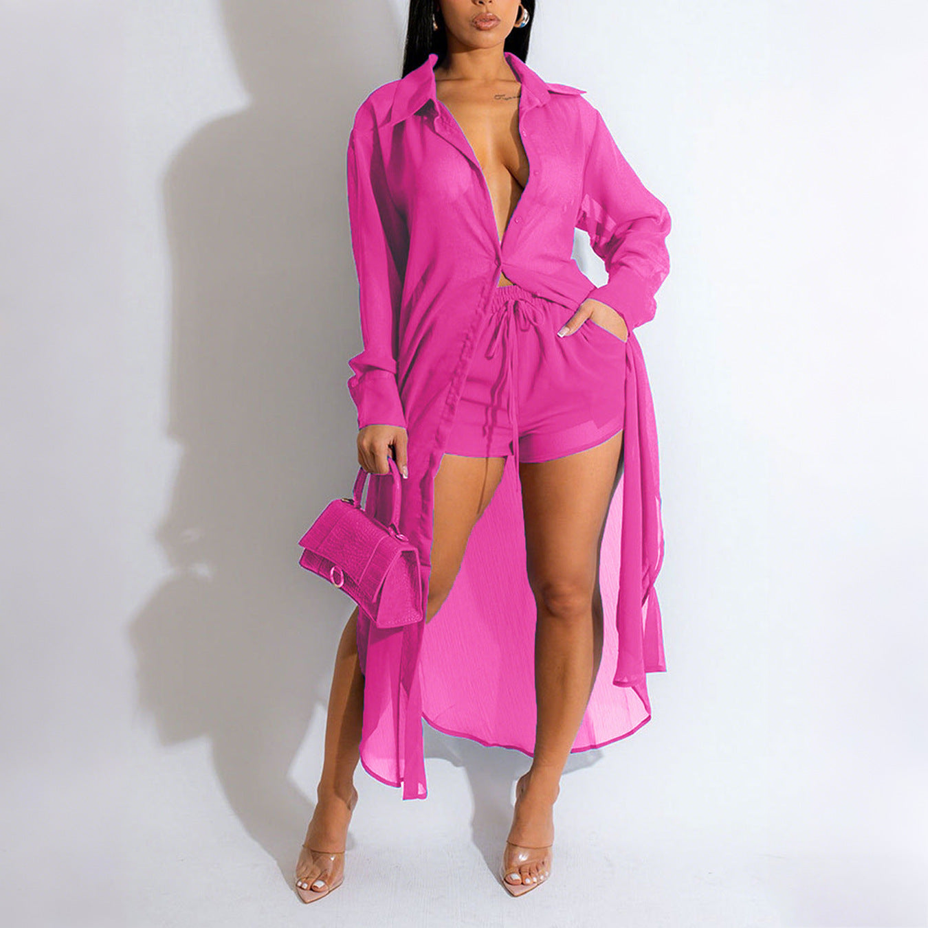 Sheer Long-sleeve Cardigan Buttoned Side-split Blouse And Shorts Set NorixaFashion.com