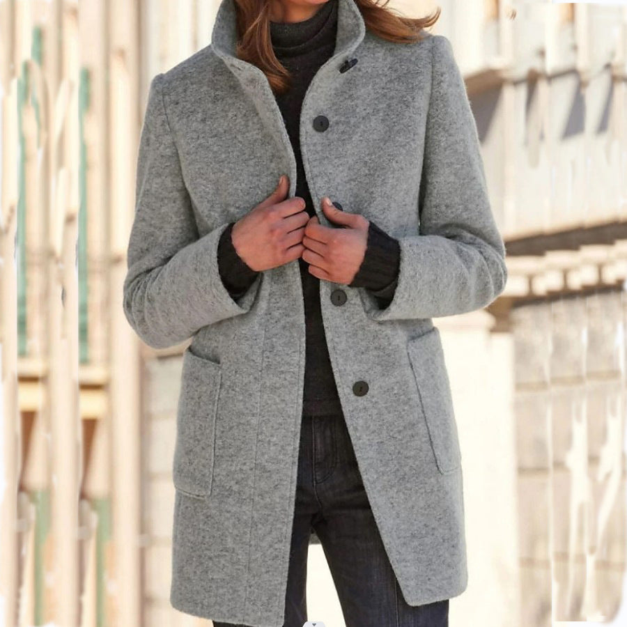 Women's Stand Collar Woolen Coat - Slim Fit Fall and Winter Button Front Trench Coat with Pockets Best YouTube Store