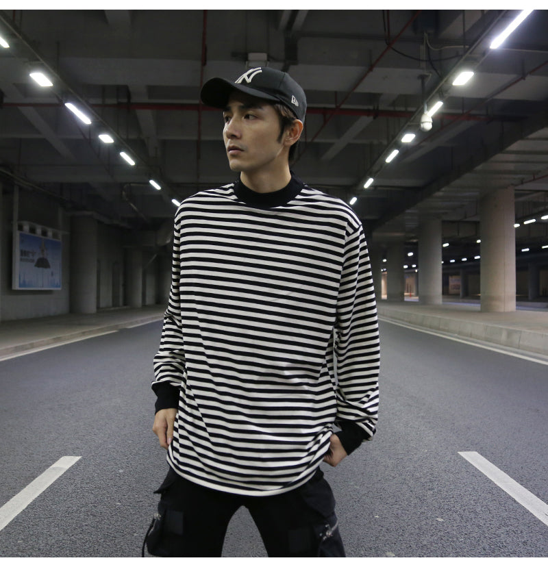 Oversized Striped T-Shirt with Ribbed Collar Pi-Mart