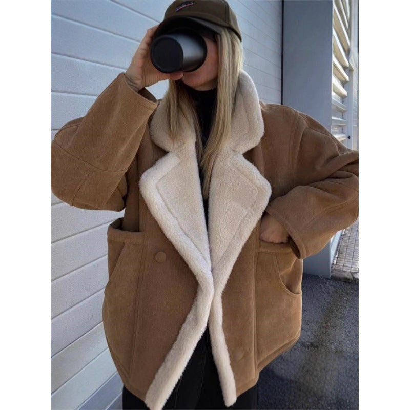 2026 Cross-border Autumn And Winter New European And American Women's Thickened Warm Fashion Loose Casual Retro Lamb Wool Jacket For Women NorixaFashion.com