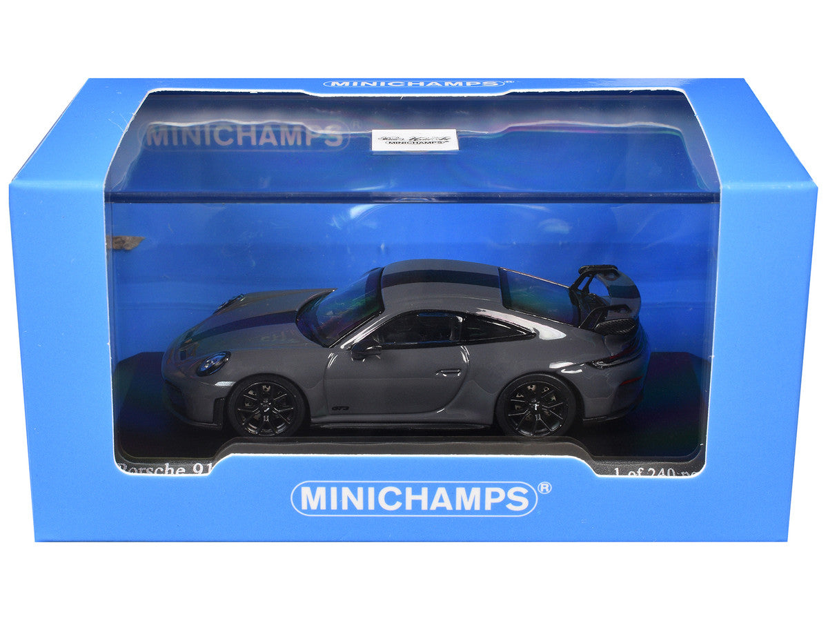 2025 Porsche 911 (992.2) GT3 Weissach Package Gray with Carbon Stripe Limited Edition to 240 pieces Worldwide 1/64 Diecast Model Car by Minichamps LuxuryLifeWay Online Store