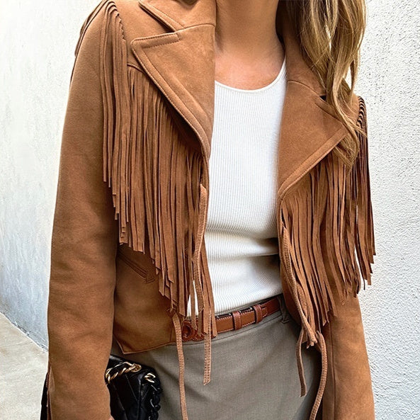 Genuine Leather Sheepskin Suede Lapel Tassel Motorcycle Short Jacket LadyShow.Store