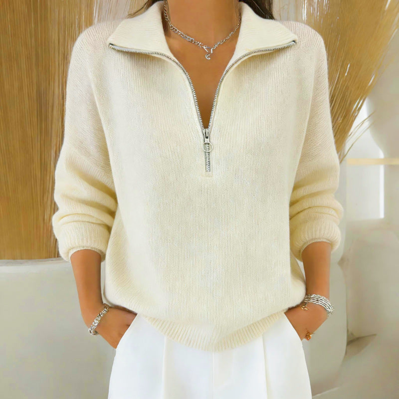 Womens Slimming Casual Fashionable, Versatile Knitted Sweater With A Zippered Lapel NorixaFashion.com