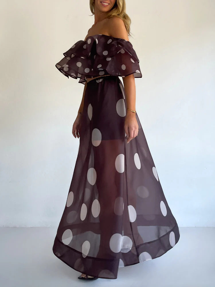 Sexy Strapless Irregular Print Ruffled Fashion Suit Long Dress NorixaFashion.com