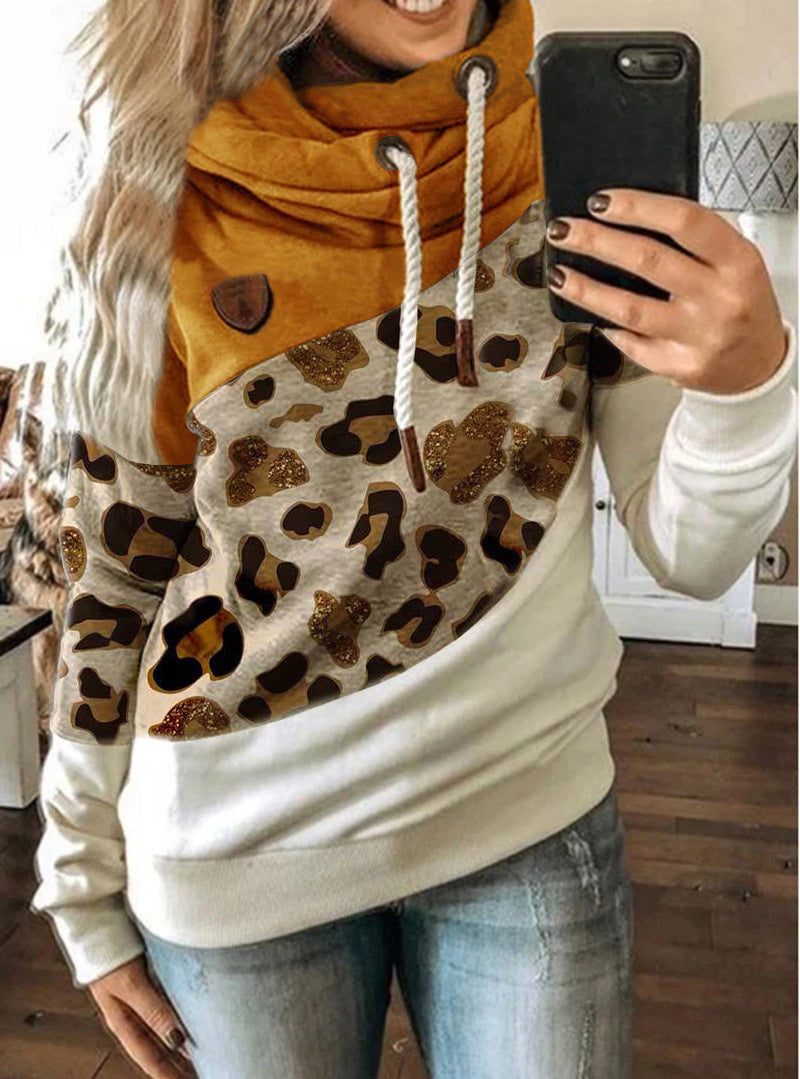 Printed stitching hooded fleece loose sweatshirt