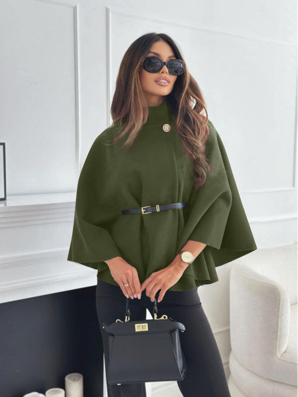 New Stand Collar Batwing Sleeves Cloak Top With Belt Ins Fashion Temperament Jacket Woolen Sweater Outwear For Women Clothing LadyShow.Store