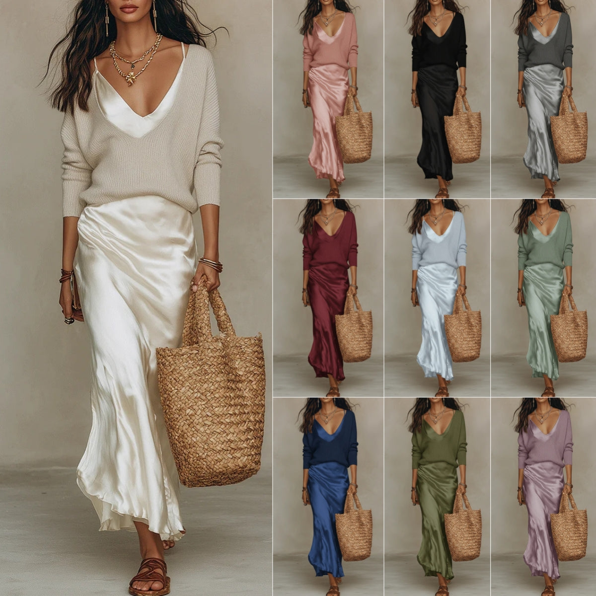 Women's Chic Satin Maxi Dress 2 Pieces Sets Sexy Straps Sleeveless Long Sleeve Top Evening Dresses Elegant New Party Street Gown NorixaFashion.com