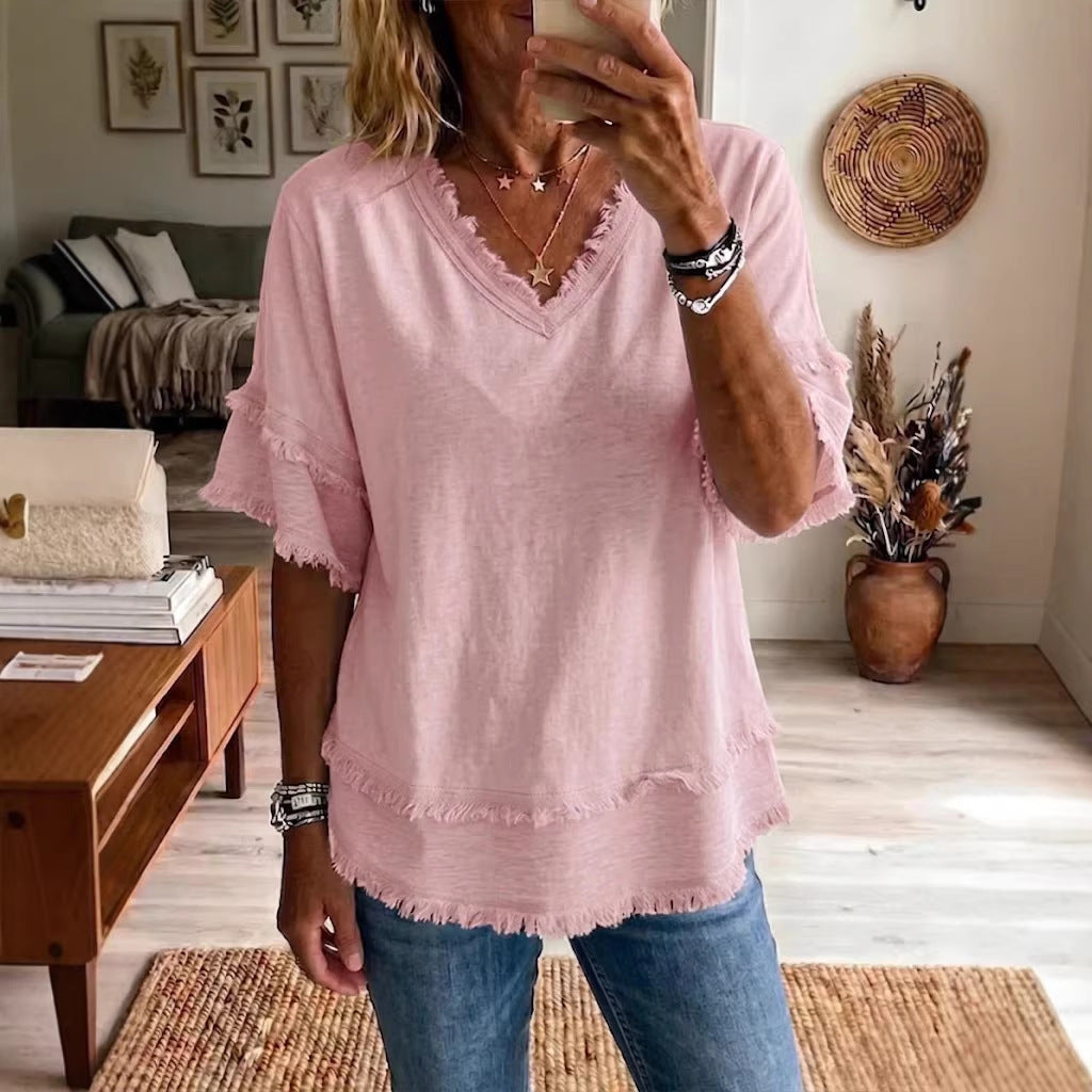 Casual Women's Shirt V-Neck Short Sleeve Loose Fit Pure Color Summer Fashion Trend Pullover Tops For Daily Wear LadyShow.Store