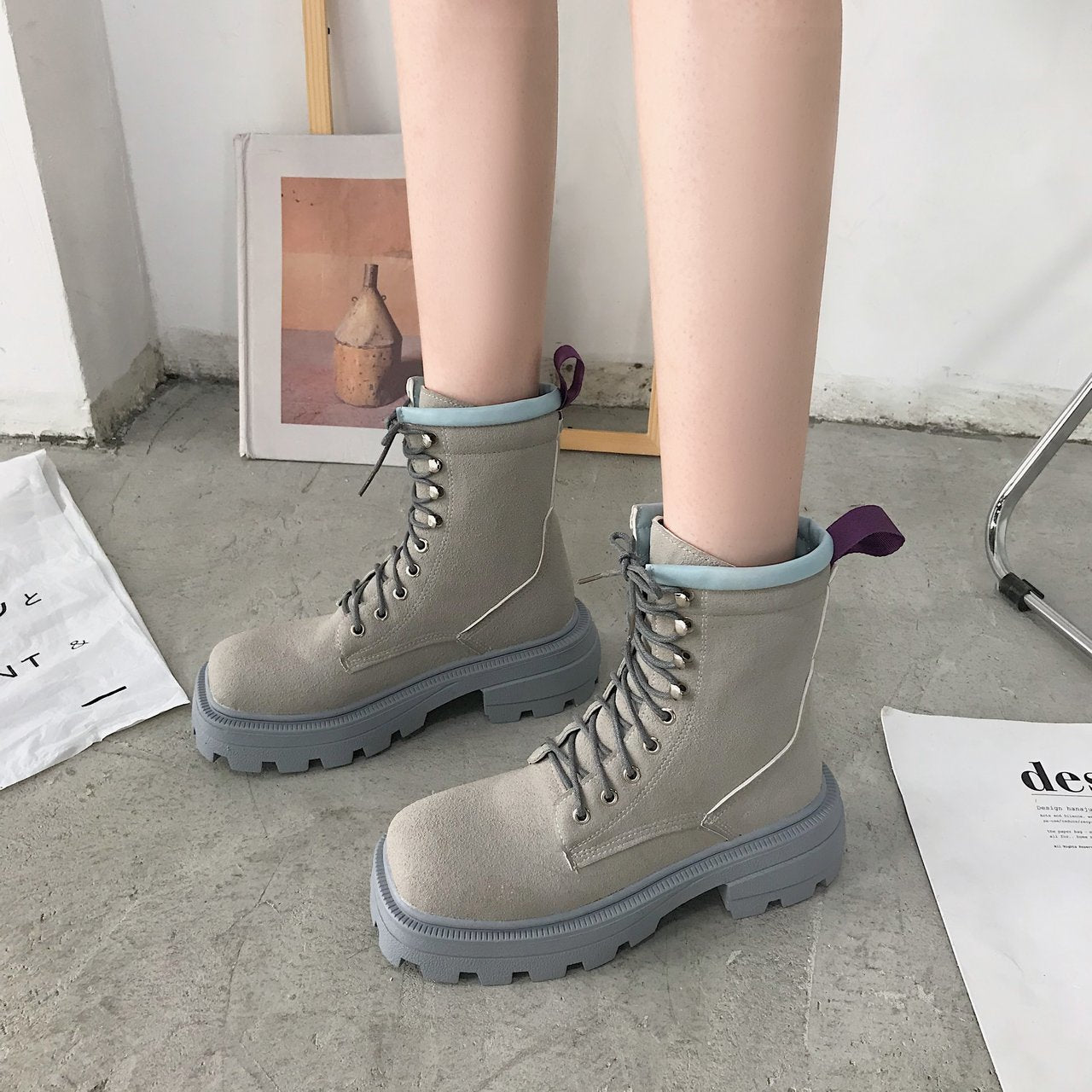 Square toe platform mid-heel lace-up fashion boots LadyShow.Store