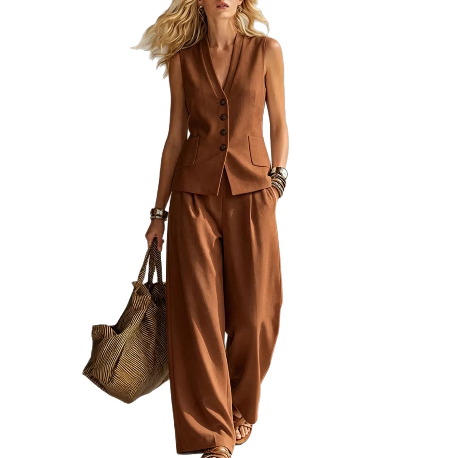 Two-piece V-Neck Sleeveless Vest And Wide Leg Pants For Women Summer Solid-Colored Sleeveless Casual Linen Tank Top And Pants Set NorixaFashion.com