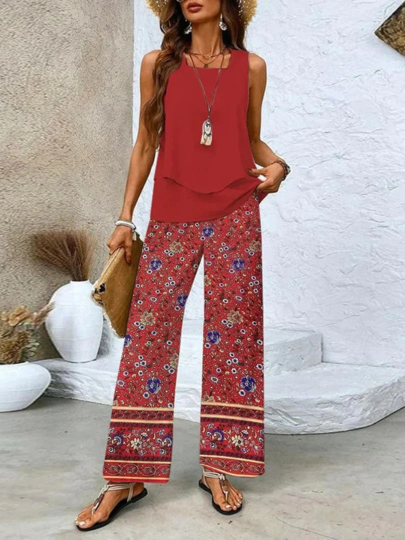 Print Suits Sleeveless Double-layer Vest And Loose Straight Pants Womens Clothing NorixaFashion.com
