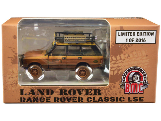 Land Rover Range Rover Classic LSE RHD (Right Hand Drive) "Camel Trophy" Yellow (Dirty Mud Version) with Roof Rack Extra Wheels and Accessories Limited Edition to 2016 pieces Worldwide 1/64 Diecast Model Car by BM Creations LuxuryLifeWay Online Store