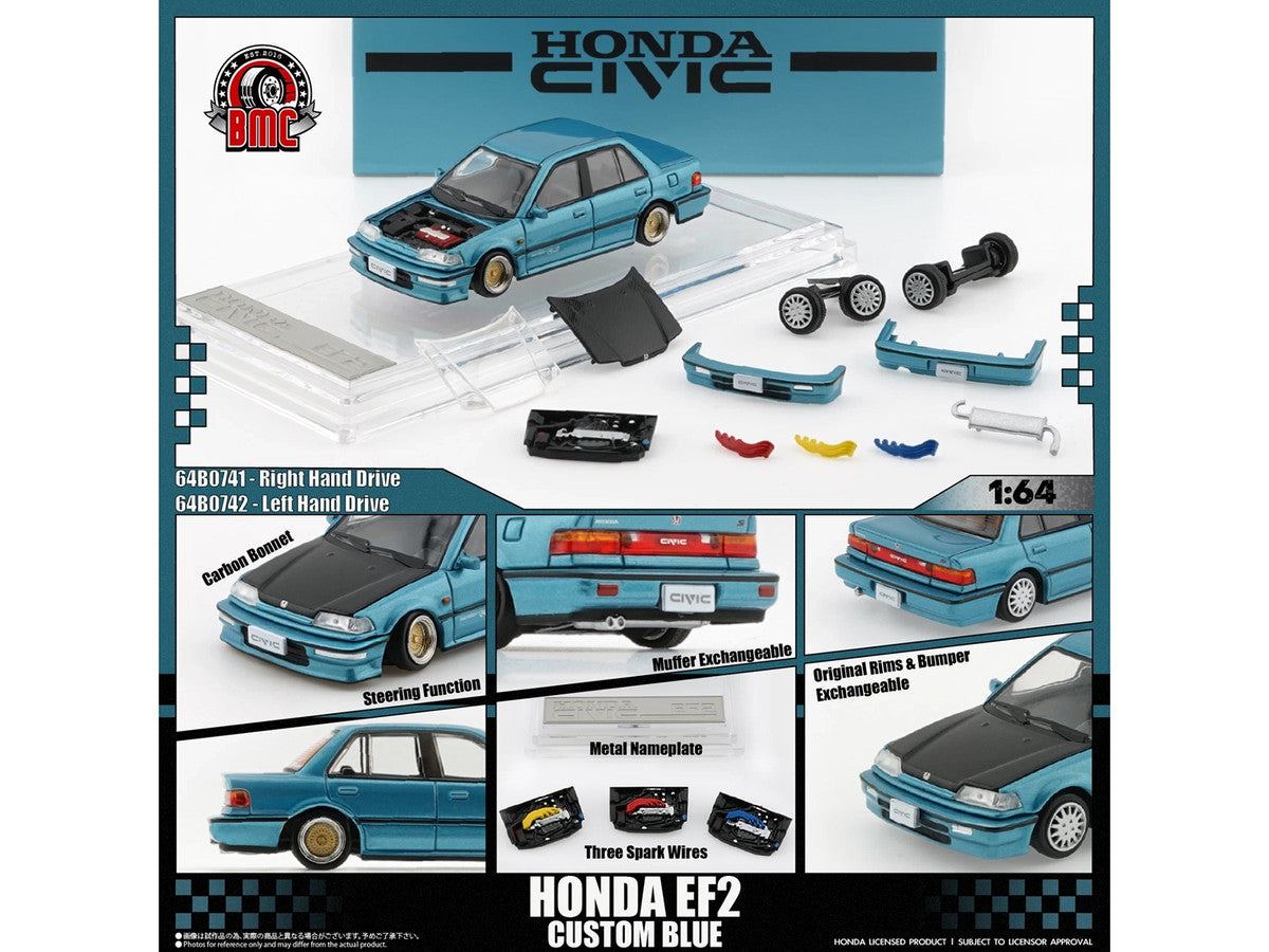Honda Civic EF2 Custom Blue Metallic with Alternate Parts 1/64 Diecast Model Car by BM Creations LuxuryLifeWay Online Store