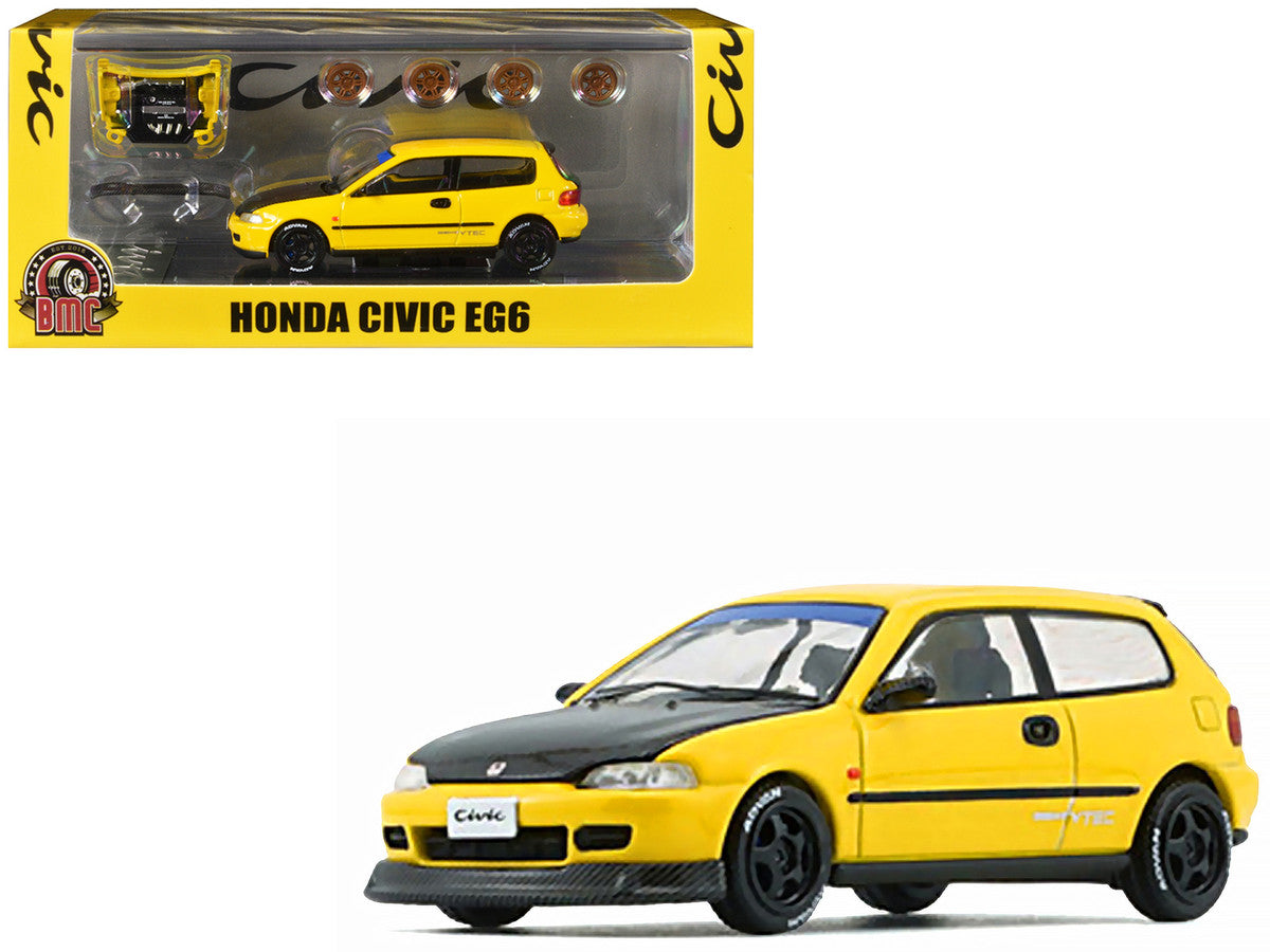 Honda Civic EG6 RHD (Right Hand Drive) Yellow with Carbon Hood with Alternates 1/64 Diecast Model Car by BM Creations LuxuryLifeWay Online Store