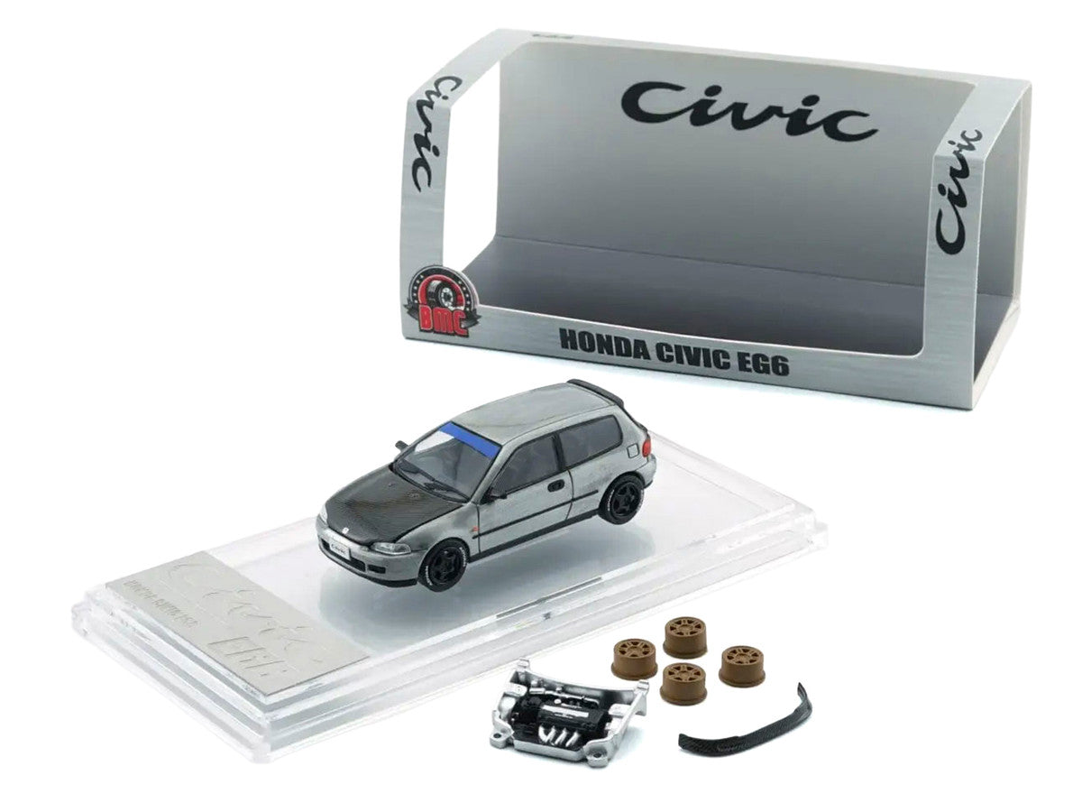 Honda Civic EG6 RHD (Right Hand Drive) Raw Metal with Carbon Hood with Alternates 1/64 Diecast Model Car by BM Creations LuxuryLifeWay Online Store