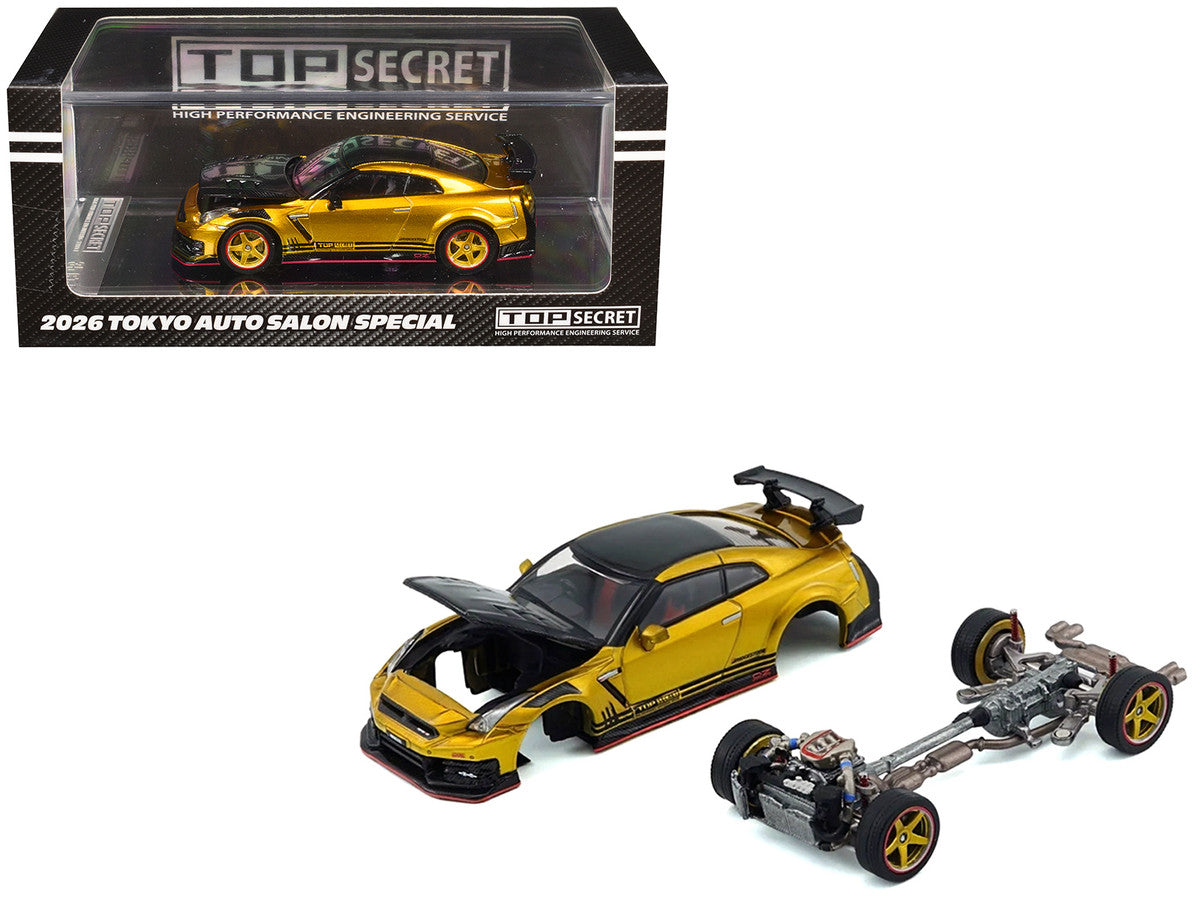 Nissan "Top Secret" GT-R (R35) RHD (Right Hand Drive) Gold Metallic with Carbon Hood and Top "Tokyo Auto Salon 2026" 1/64 Diecast Model Car by BM Creations LuxuryLifeWay Online Store